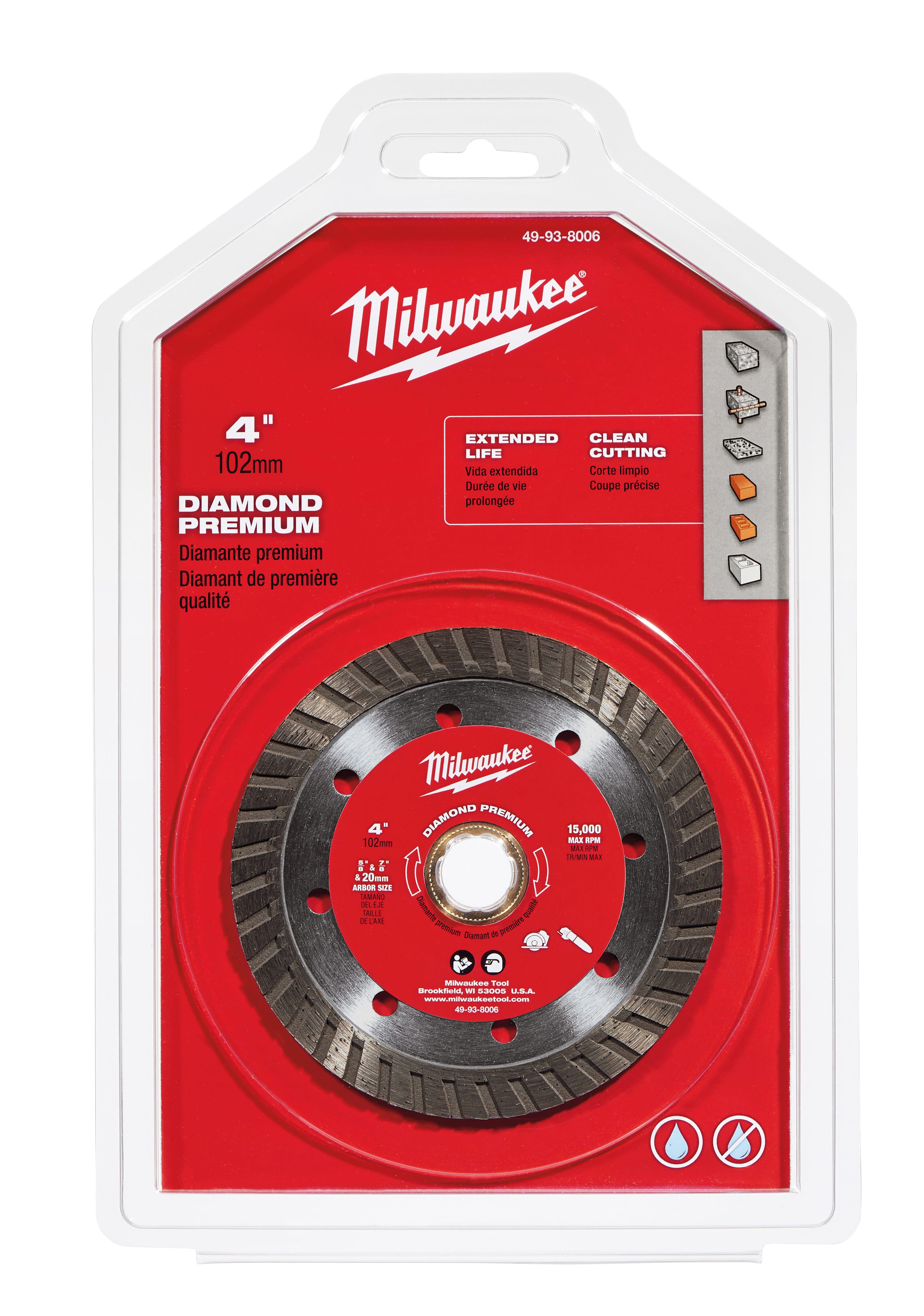 Milwaukee® 49-93-8006 Premium Turbo Circular Diamond Saw Blade, 4 in Dia Blade, 7/8 in, 20 mm, 5/8 in Arbor/Shank, Dry/Wet Cutting